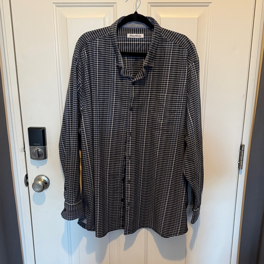 Tommy Bahama Blue, Black and White Checkered Shirt